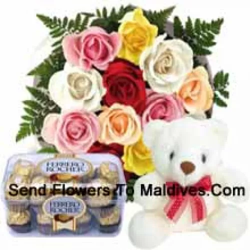 Bunch Of 12 Red Roses With Seasonal Fillers, A Cute 12 Inches Tall White Teddy Bear And A Box Of 16 Pcs Ferrero Rochers