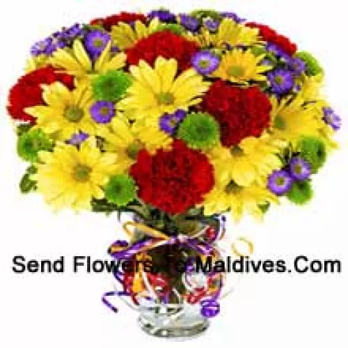 Red Carnations And Yellow Gerberas Beautifully Arranged In A Vase -- 24 Stems And Fillers