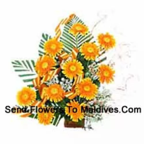 Basket Of 12 Yellow Colored Gerberas With Fillers