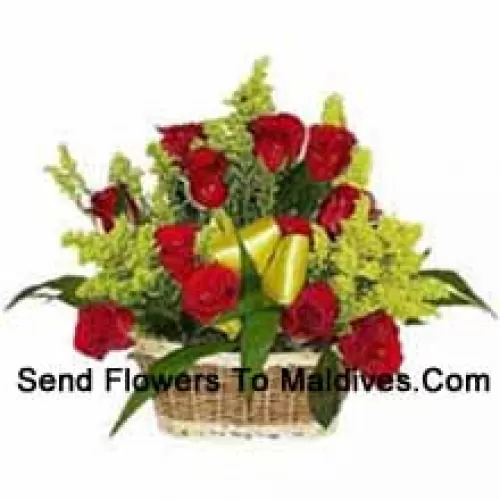 Basket Of 18 Red Roses With Seasonal Fillers