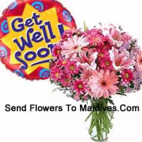 Assorted Flowers In A Vase And A Get Well Soon Balloon