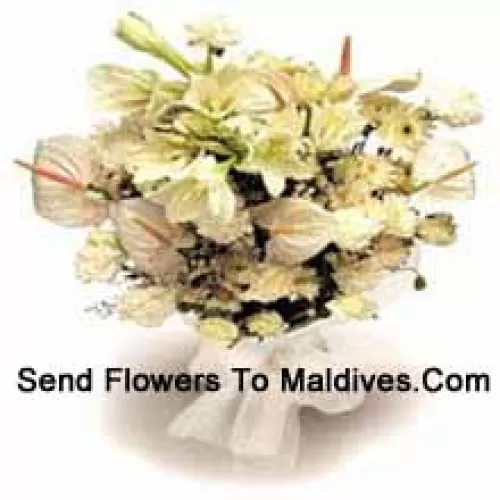 Bunch Of White Lilies, White Anthuriums, White Carnations And White Roses With Seasonal Fillers