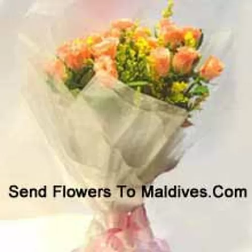 Bunch Of 12 Orange Roses With Seasonal Filler