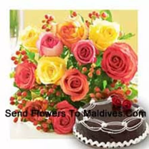 Bunch Of 12 Mixed Colored Roses With Seasonal Fillers and 1/2 Kg (1.1 Lbs) Chocolate Truffle Cake