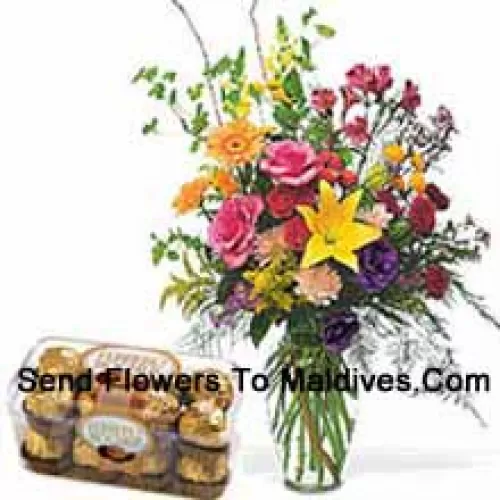 Assorted Flowers In A Vase With 16 Pcs Ferrero Rocher