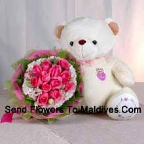 12 Pink Roses with Sweet Lovely Teddy