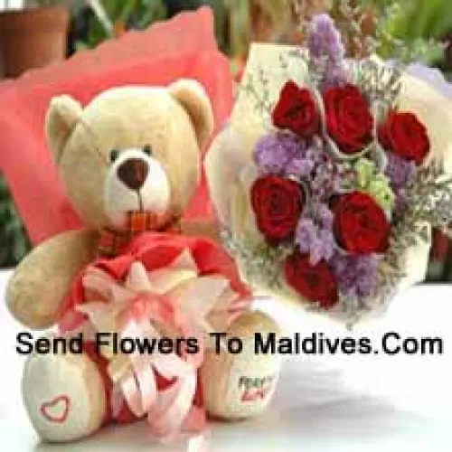 Bunch Of 6 Red Roses And A Medium Sized Cute Teddy Bear