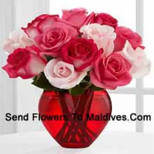 8 Dark Pink Roses With 4 Light Pink Roses In A Glass Vase