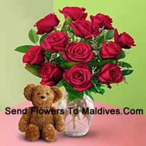 12 Roses in Vase with Teddy