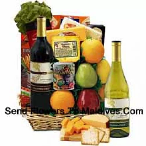 Questo cesto regalo include vino rosso cabernet sauvignon Columbia-Crest, vino bianco Chardonnay Columbia-Crest, 6 pezzi di frutta fresca di stagione, formaggio Monterey Jack, formaggi Colby Cheddar, Muenster, cracker Barber, cracker croccanti Monet, grissini tradizionali italiani importati, grissini di formaggio Salem Baking Co., stecchini di pretzel Chio stickletti e misto di noci deluxe in latta regalo. (Il contenuto del cesto, inclusi il vino, può variare a seconda della stagione e del luogo di consegna. In caso di indisponibilità di un determinato prodotto, lo sostituiremo con un prodotto di pari o superiore valore)