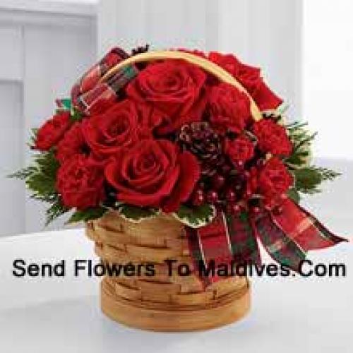 Wooden Basket of Roses and Carnations with Assorted Flowers