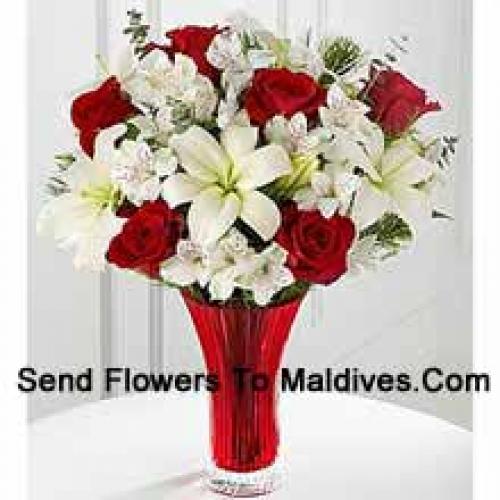 Elegant Red Roses and White lilies in Vase