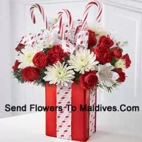 This Bouquet will dazzle them with its whimsical joy and spirited beauty! A gorgeous arrangement of white mums, red carnations and spray roses sit amongst holiday greens in a shiny red vase adorned with candy canes and wrapped to perfection with a beautiful bow, making it look like the finest holiday gift. (Please Note That We Reserve The Right To Substitute Any Product With A Suitable Product Of Equal Value In Case Of Non-Availability Of A Certain Product)