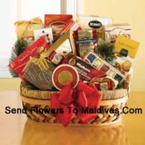 This delightful wicker and woven gift basket is a great way to say thank you to all of your clients, employees, and business associates this year. It is equally at home in the board room, the break room, or the living room, and we've included a sweet and savory selection of gourmet snacks that are all ready to eat and be enjoyed. Your recipients will be please with the great selection inside: pesto havarti cheese, smoked salmon, caviar, English tea cookies, shortbread cookies, Ghirardelli chocolates, biscotti, toffee almonds, Ghirardelli squares, Jelly Belly jelly beans, chocolate cheese sticks, chocolate caramel cookies and peppermint popcorn. (Please Note That We Reserve The Right To Substitute Any Product With A Suitable Product Of Equal Value In Case Of Non-Availability Of A Certain Product)