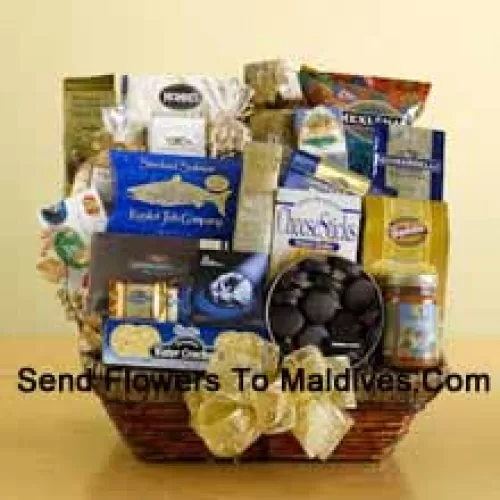 Make an executive decision that will be universally appreciated by sending this delicious gift basket! We've packed a wicker basket with a delightful assortment of gourmet foods, all arranged to make a great first impression. Your recipients are sure to appreciate this gift and will enjoy everything packed inside including tortilla chips, salsa, cheese sticks, brie cheese, water crackers, smoked salmon, pistachios, almonds, popcorn, pretzels, cheese swirls, Jelly Belly jelly beans, assorted Ghirardelli chocolates, wafer cookies, a tin of chocolate-covered sandwich cookies, a bag of Ghirardelli squares, and biscotti. (Please Note That We Reserve The Right To Substitute Any Product With A Suitable Product Of Equal Value In Case Of Non-Availability Of A Certain Product)