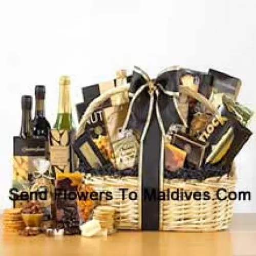 Designed to create a grand impression, our delightful willow basket sports an elegant black and gold color scheme. The basket is filled with a superior selection of gourmet goodies - Honey Mustard Pretzels, Cheese Lover's Pub Mix, Fancy Water Crackers, Smoked Salmon, All Natural Sharp Cheddar, Dutch Gouda Cheese Biscuits, Deluxe Mixed Nuts, Pistachio Pralines, Swedish Oat Crisps, Belgian Chocolate Petites, Godiva Dark Chocolate Almonds, Raspberry Chocolate Espresso Cake, House Blend Coffee, Sisters Classic Breakfast Tea and a bottle of non-alcoholic Sparkling Apple Cider. (Please Note That We Reserve The Right To Substitute Any Product With A Suitable Product Of Equal Value In Case Of Non-Availability Of A Certain Product)