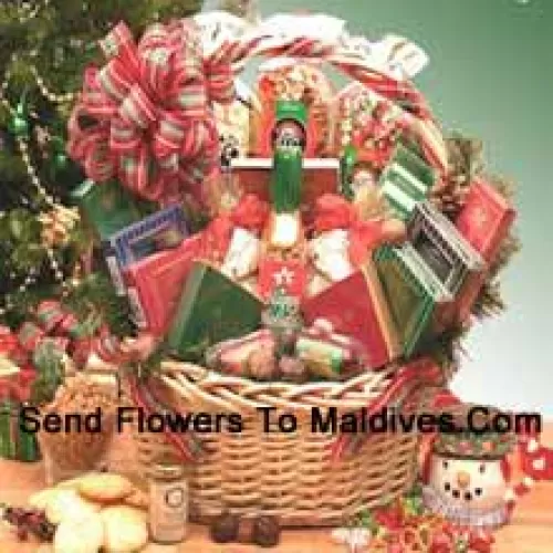 This Basket includes 2 oz White Cheddar Popcorn, 3 oz Holiday Confetti Corn, 8 oz Butter Toffee pretzels, Chocolate Cherry Delights, Chocolate Mint Delights, Peanut Butter Delights, Coconut Delights, 3 oz Summer Sausage, 3 oz Beef Salami, Grained Mustard, Stone Wheat Crackers, Happy Holidays Theme Bag with Starlite Mints, Creamy Brie Cheese Spread, Creamy Vegetable Spread, Chocolate Walnut Fudge, Holiday Tavolare Savory Snack Mix, Wolfgang Puck Gourmet Coffee, Holiday Cocoa and 4 oz. Honey Sweet Peanuts. (Please Note That We Reserve The Right To Substitute Any Product With A Suitable Product Of Equal Value In Case Of Non-Availability Of A Certain Product)