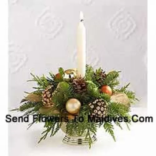 Wish all of those faces at your holiday feast a good night, glowing with seasonal dreams, with this gorgeous centerpiece perfectly accenting your table. A lovely mix of holiday greens are beautifully decorated with pine cones, golden leaves, golden holiday balls and a white taper candle setting the perfect mood and seasonal glow (Please Note That We Reserve The Right To Substitute Any Product With A Suitable Product Of Equal Value In Case Of Non-Availability Of A Certain Product)